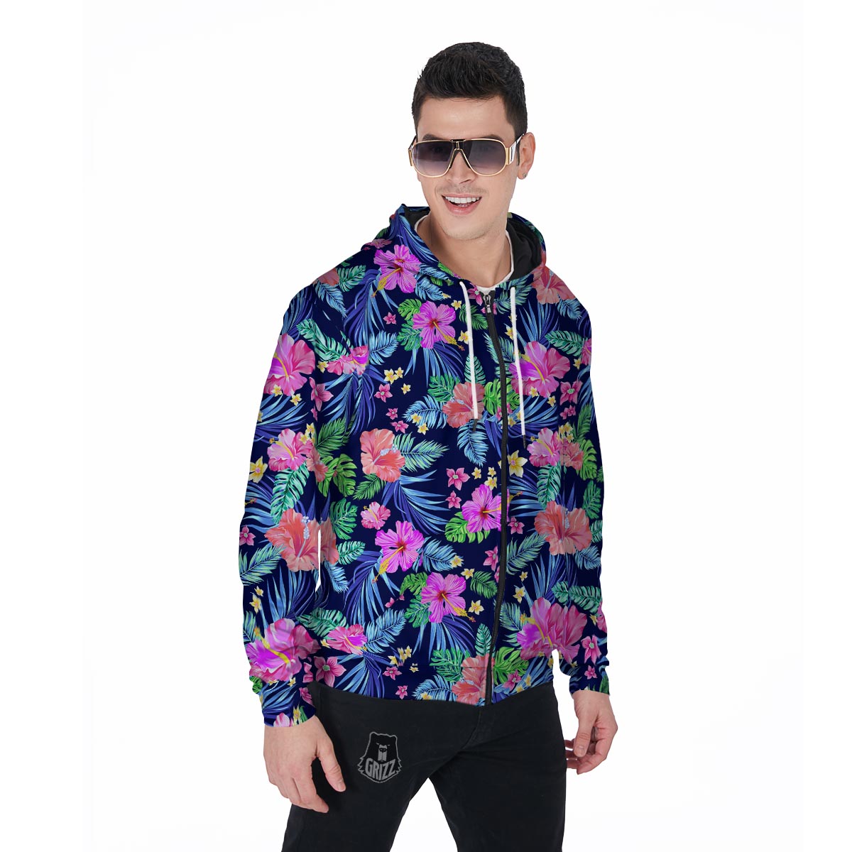 Tropical Exotic Flowers Hibiscus Hawaiian Print Men's Zip Up Hoodie-grizzshop