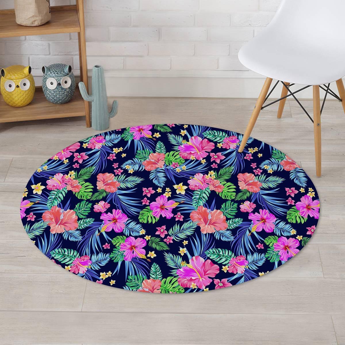 Tropical Exotic Flowers Hibiscus Hawaiian Print Round Rug-grizzshop