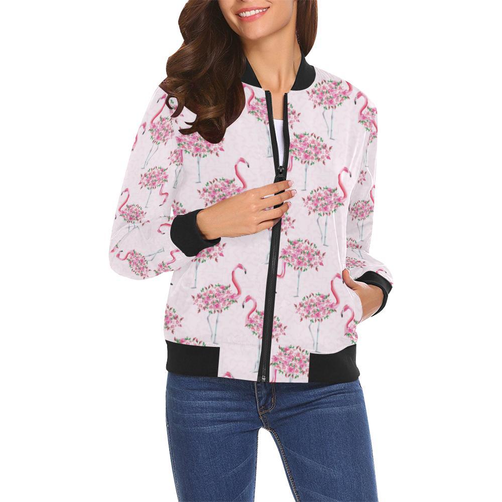 Tropical Flamingo Hawaiian Floral Pattern Print Women Casual Bomber Jacket-grizzshop