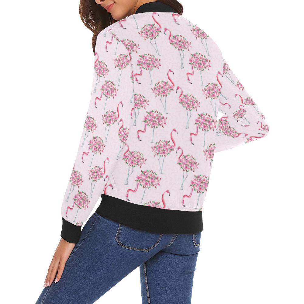 Tropical Flamingo Hawaiian Floral Pattern Print Women Casual Bomber Jacket-grizzshop