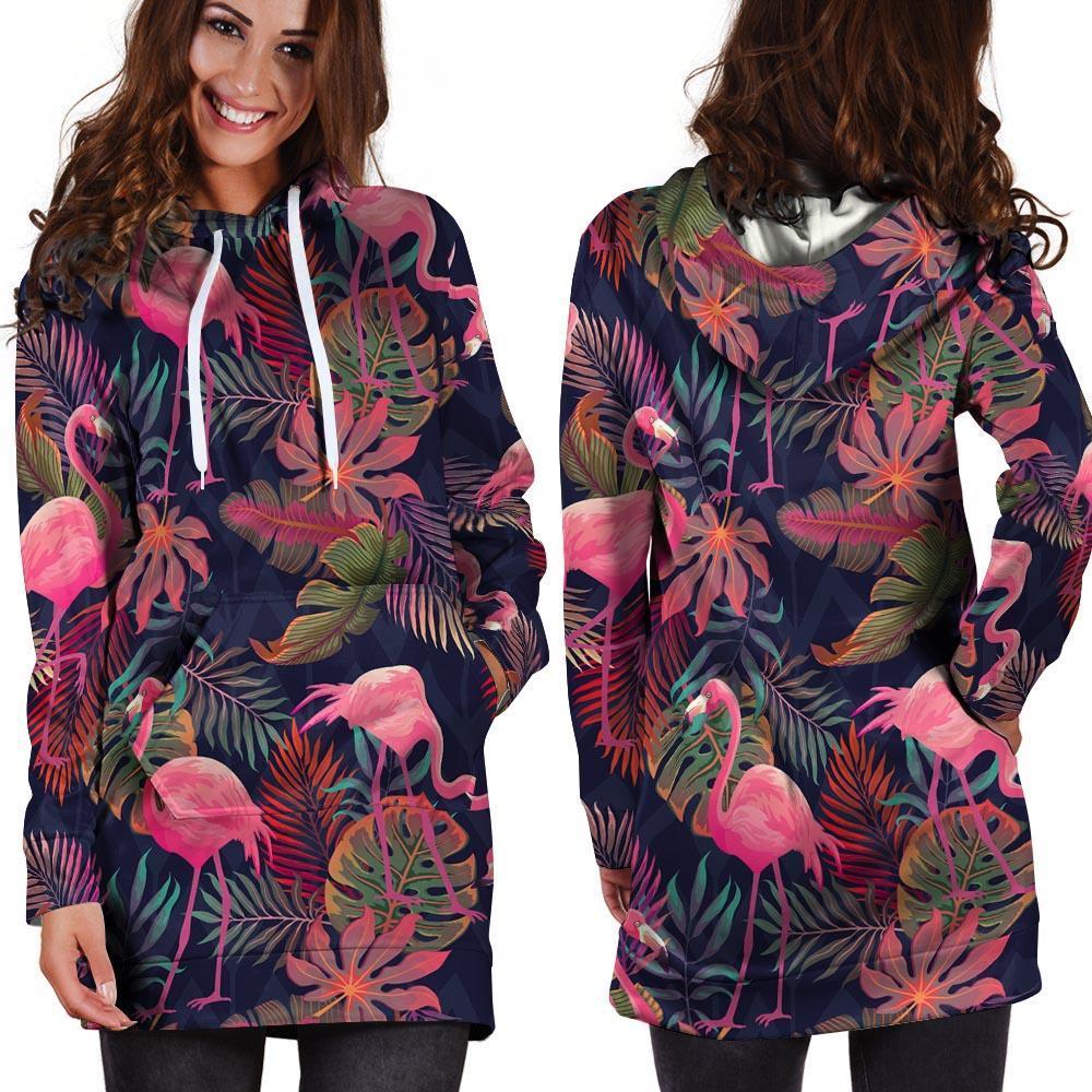 Tropical Flamingo Hawaiian Print Hoodie Dress-grizzshop