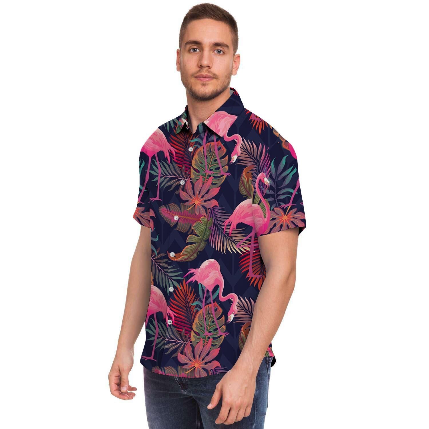 Tropical Flamingo Hawaiian Print Men's Short Sleeve Shirt-grizzshop