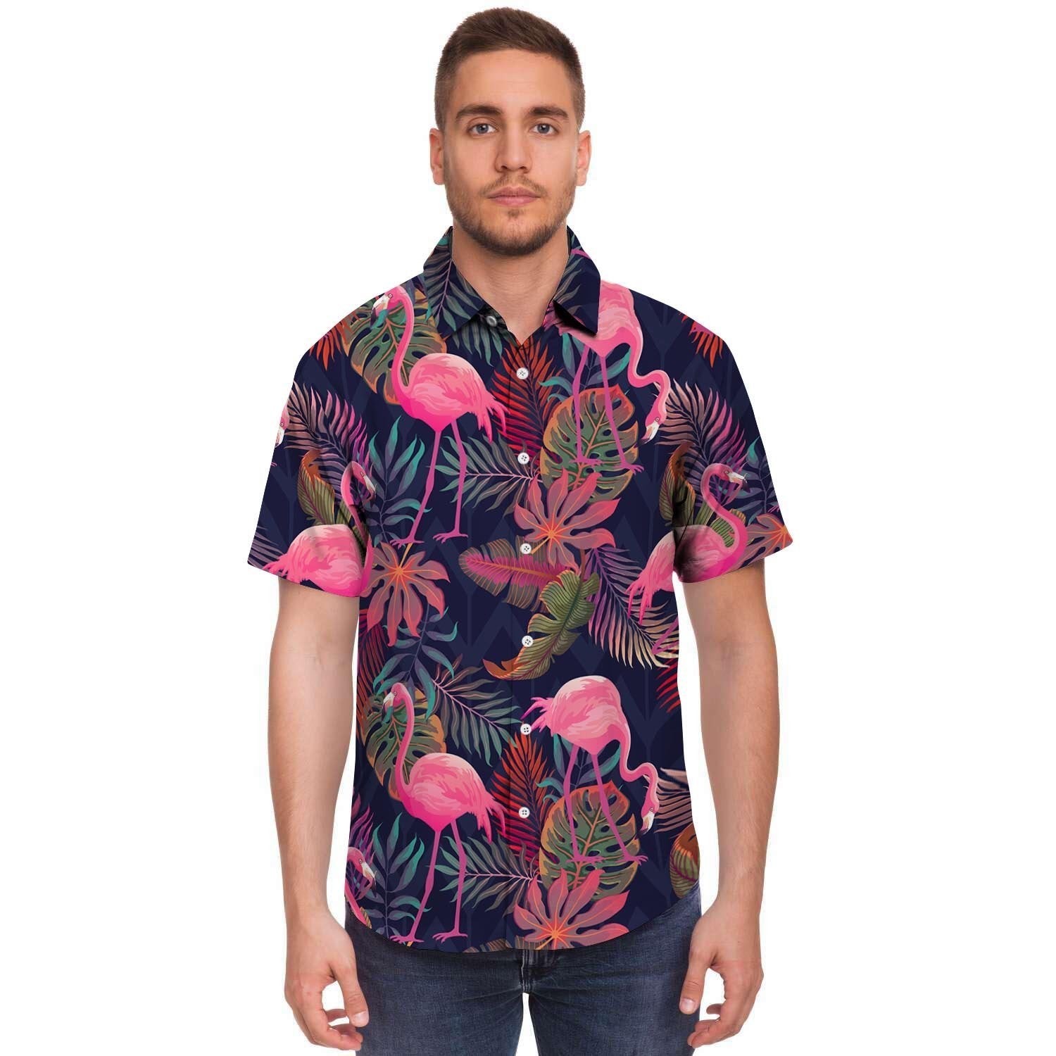 Tropical Flamingo Hawaiian Print Men's Short Sleeve Shirt-grizzshop