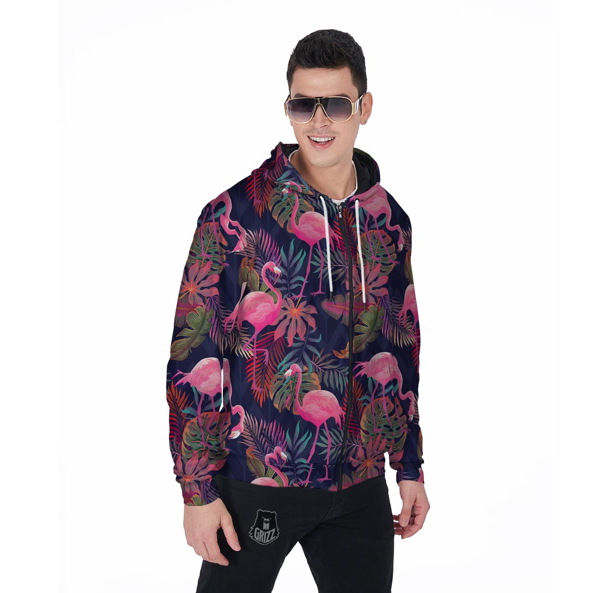 Tropical Flamingo Hawaiian Print Men's Zip Up Hoodie-grizzshop