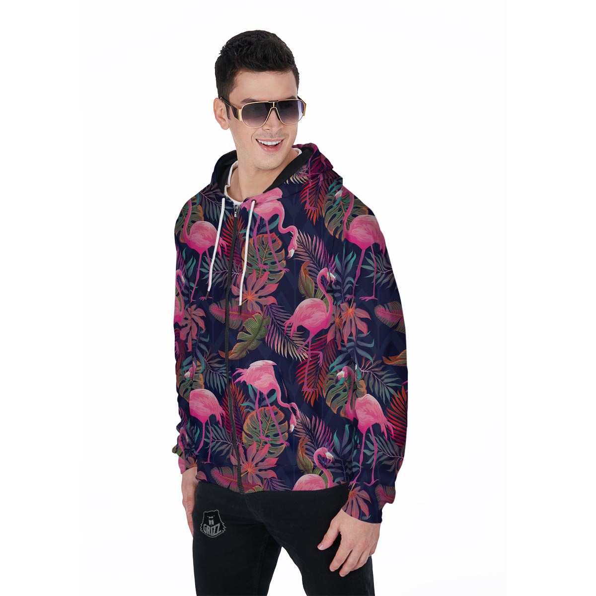 Tropical Flamingo Hawaiian Print Men's Zip Up Hoodie-grizzshop