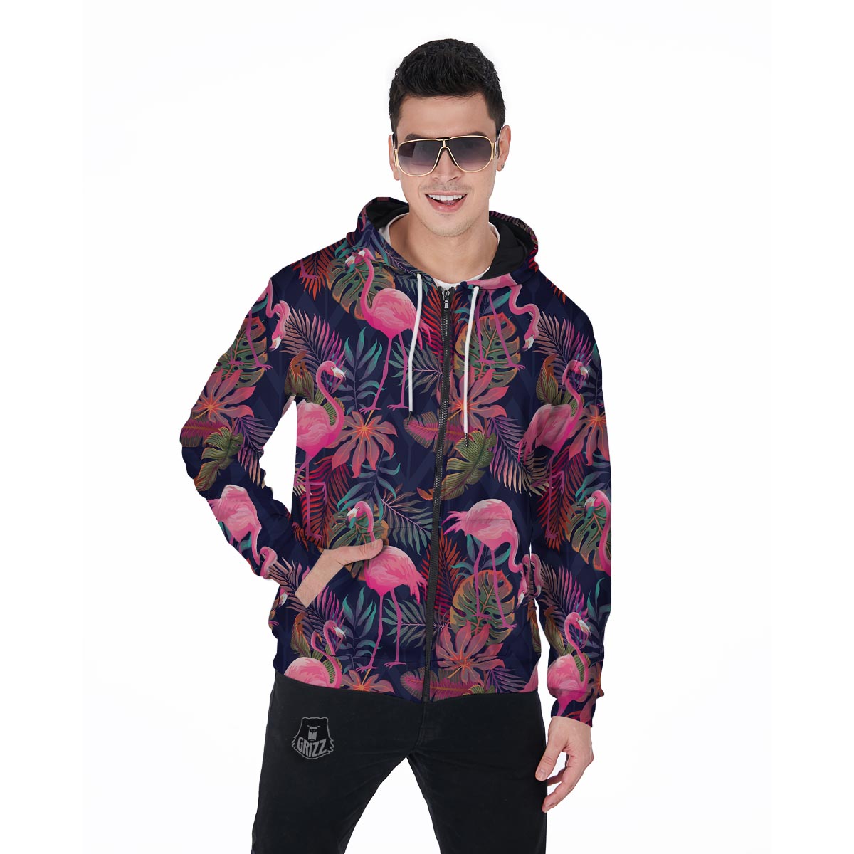 Tropical Flamingo Hawaiian Print Men's Zip Up Hoodie-grizzshop