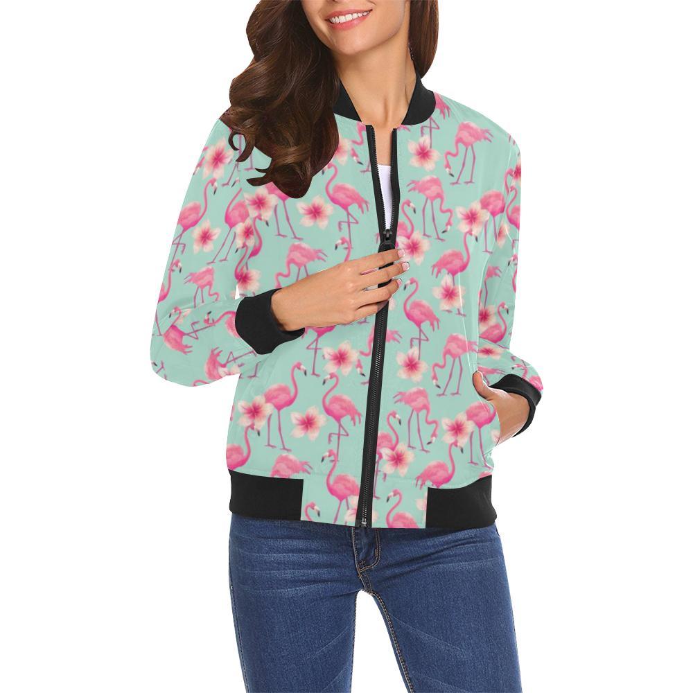 Tropical Flamingo Hibiscus Hawaiian Floral Pattern Print Women Casual Bomber Jacket-grizzshop