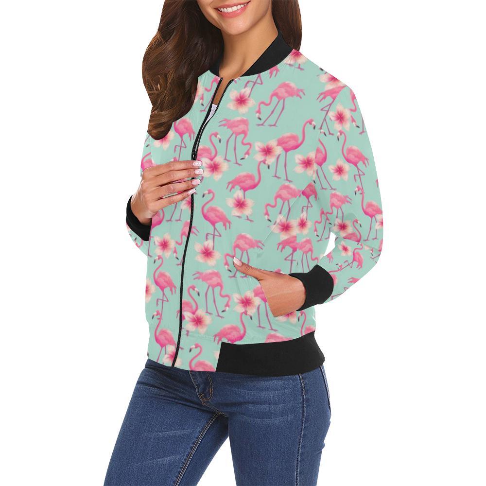 Tropical Flamingo Hibiscus Hawaiian Floral Pattern Print Women Casual Bomber Jacket-grizzshop