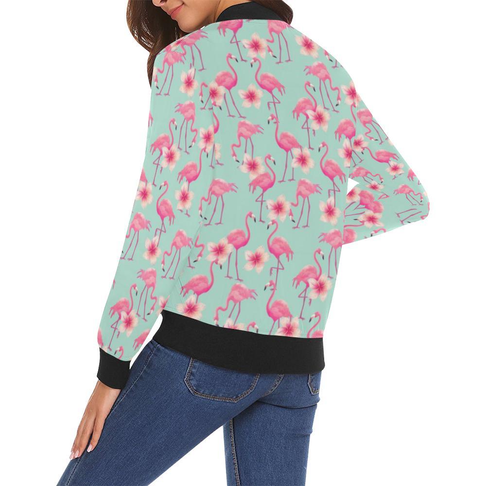 Tropical Flamingo Hibiscus Hawaiian Floral Pattern Print Women Casual Bomber Jacket-grizzshop