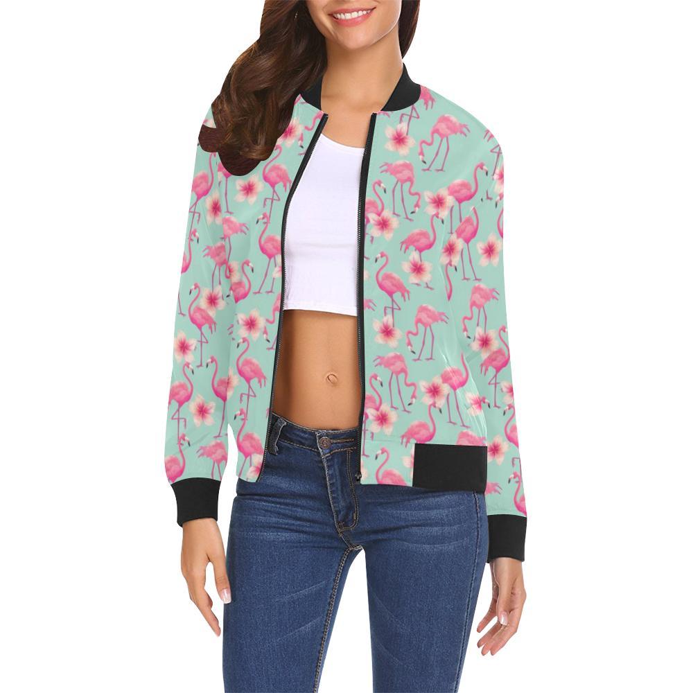 Tropical Flamingo Hibiscus Hawaiian Floral Pattern Print Women Casual Bomber Jacket-grizzshop