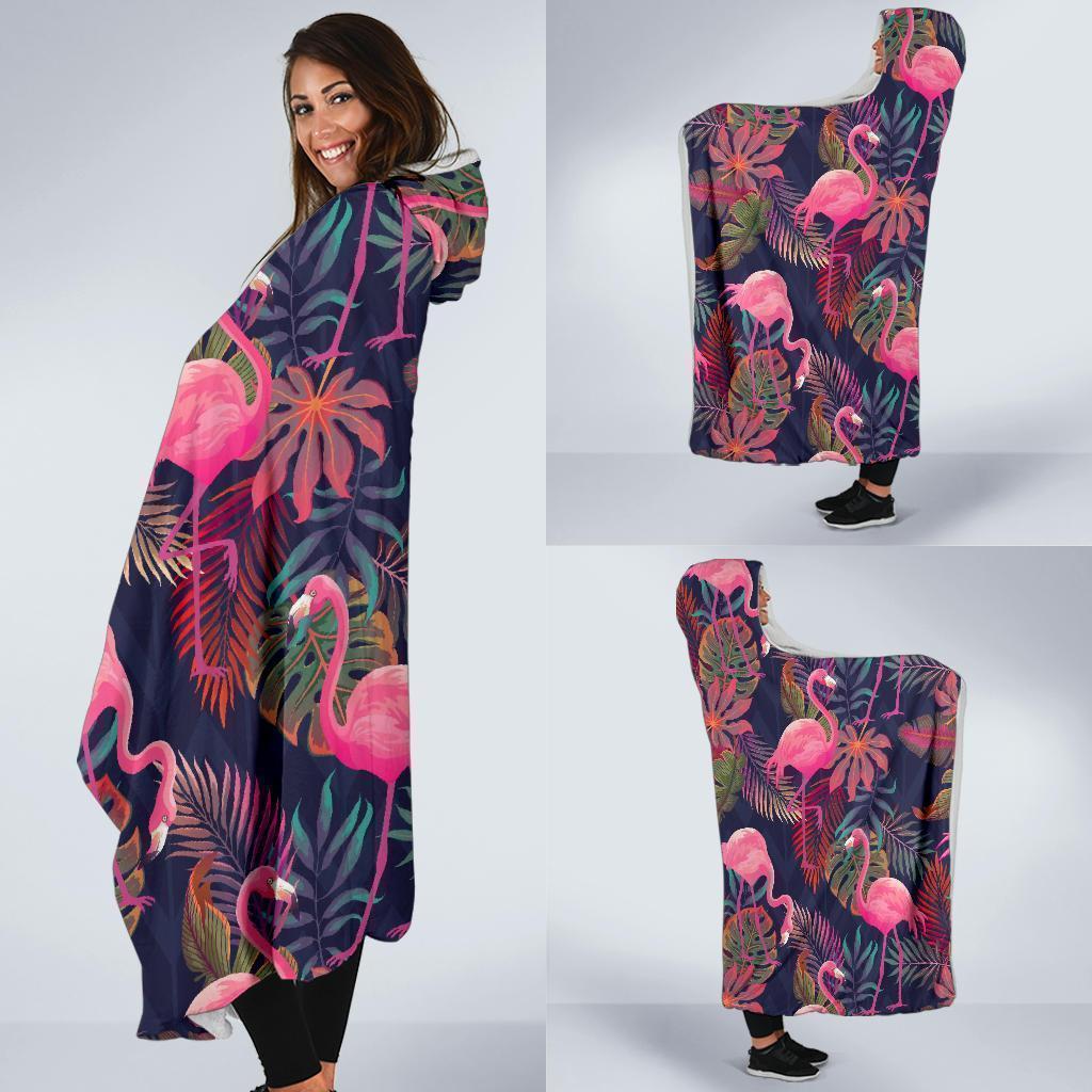 Tropical Flamingo Palm Leaves Hawaiian Floral Pattern Print Hooded Blanket-grizzshop