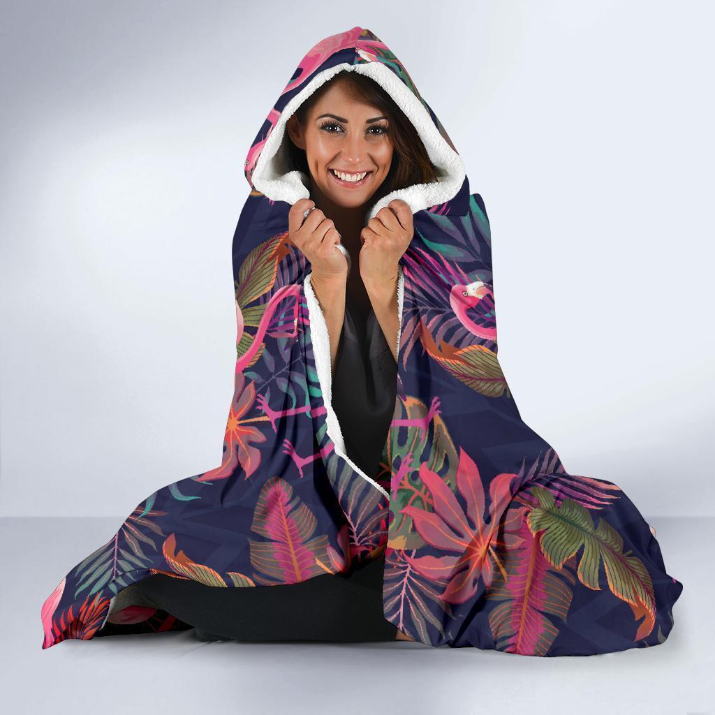 Tropical Flamingo Palm Leaves Hawaiian Floral Pattern Print Hooded Blanket-grizzshop