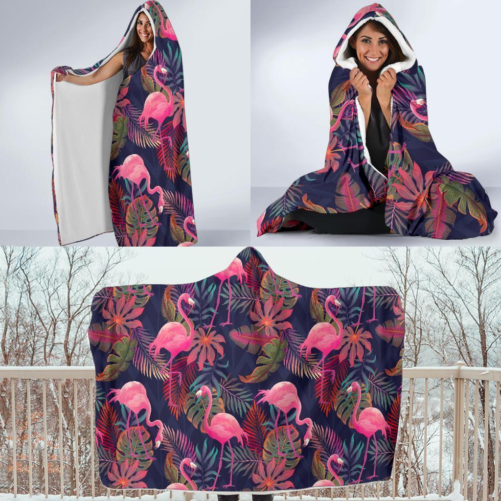 Tropical Flamingo Palm Leaves Hawaiian Floral Pattern Print Hooded Blanket-grizzshop