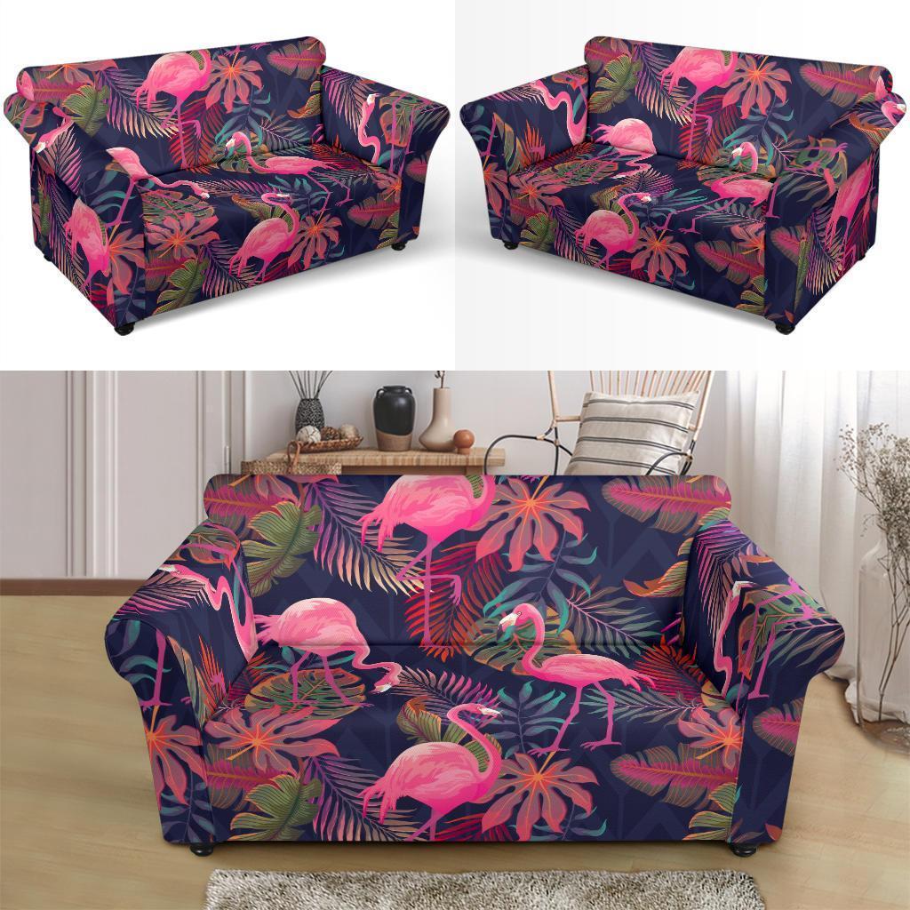 Tropical Flamingo Palm Leaves Hawaiian Floral Pattern Print Loveseat Cover-grizzshop