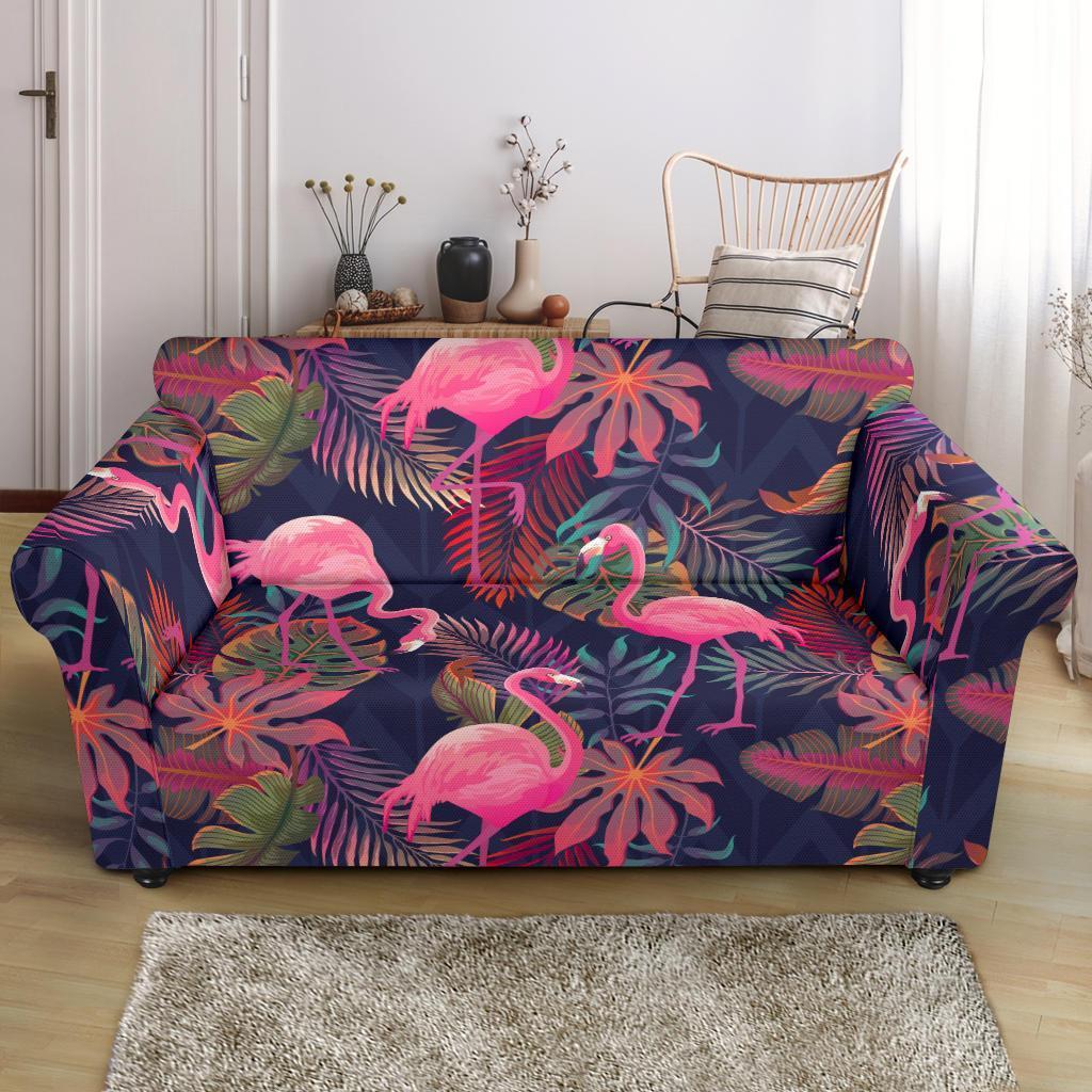 Tropical Flamingo Palm Leaves Hawaiian Floral Pattern Print Loveseat Cover-grizzshop