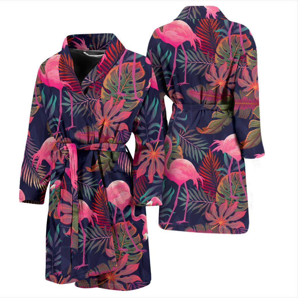 Tropical Flamingo Palm Leaves Hawaiian Floral Pattern Print Men Long Robe-grizzshop