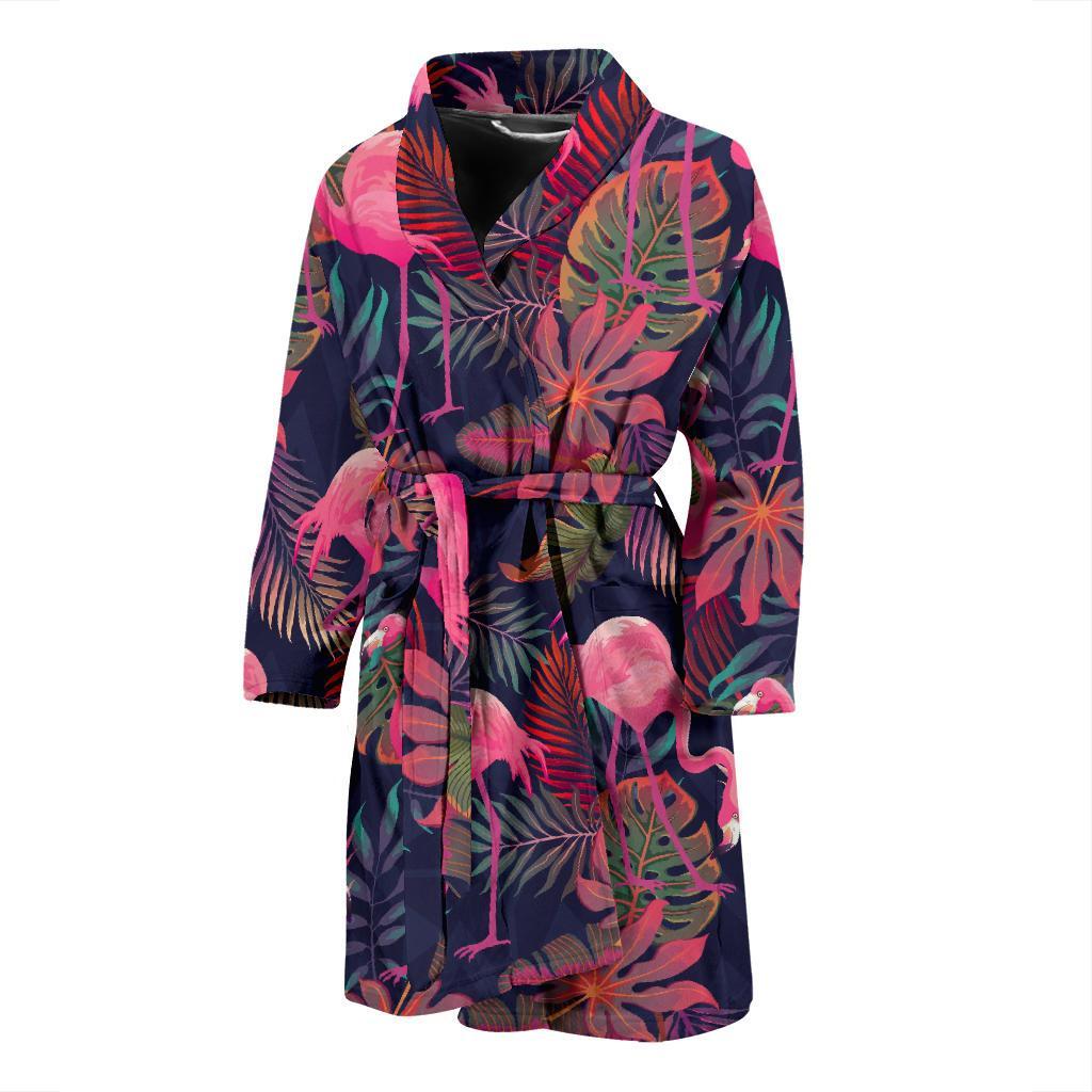Tropical Flamingo Palm Leaves Hawaiian Floral Pattern Print Men Long Robe-grizzshop
