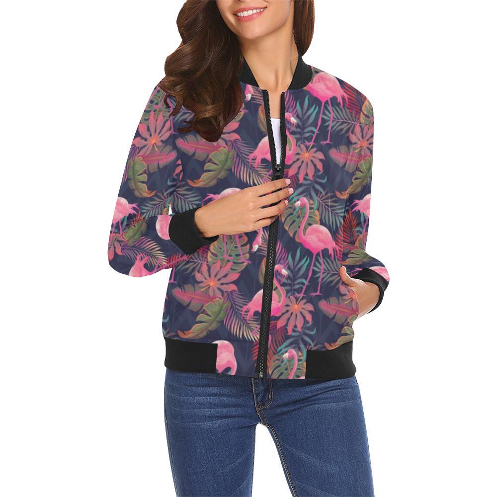 Tropical Flamingo Palm Leaves Hawaiian Floral Pattern Print Women Casual Bomber Jacket-grizzshop