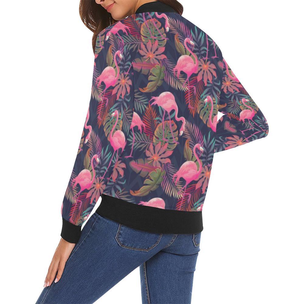 Tropical Flamingo Palm Leaves Hawaiian Floral Pattern Print Women Casual Bomber Jacket-grizzshop