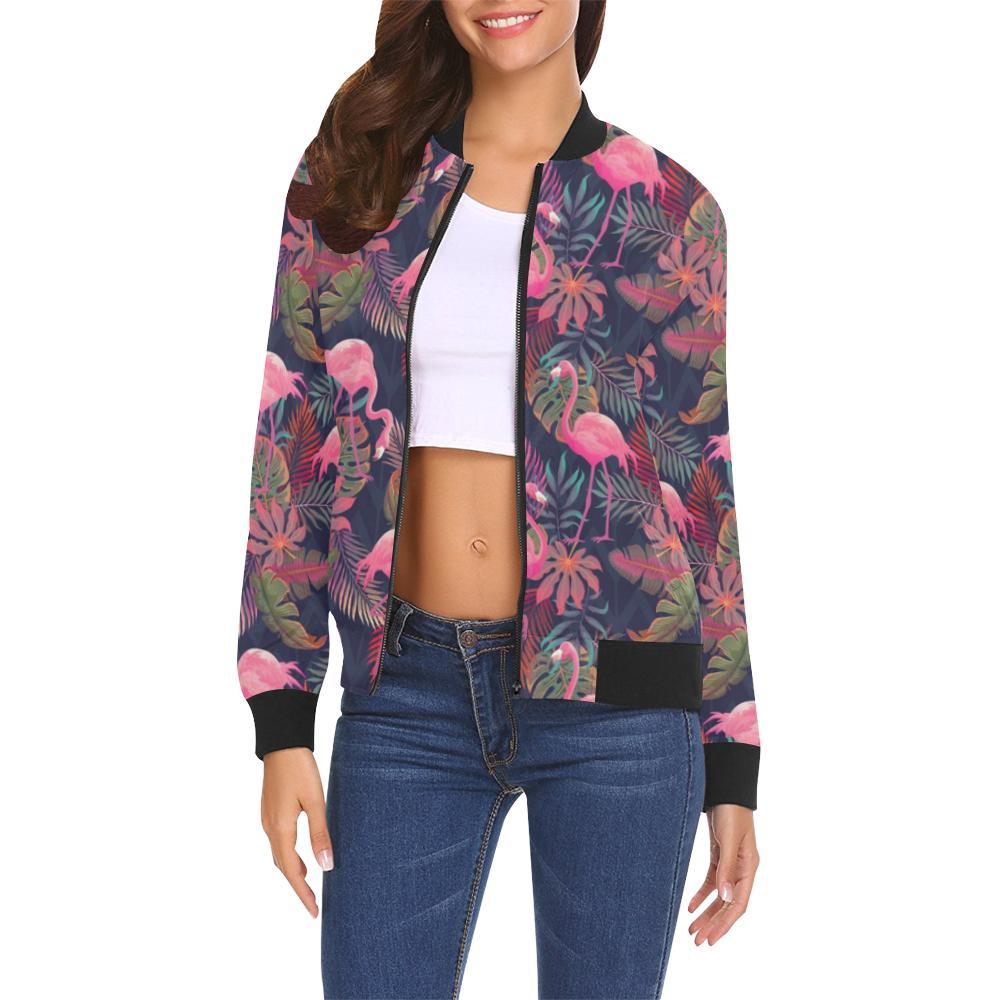 Tropical Flamingo Palm Leaves Hawaiian Floral Pattern Print Women Casual Bomber Jacket-grizzshop