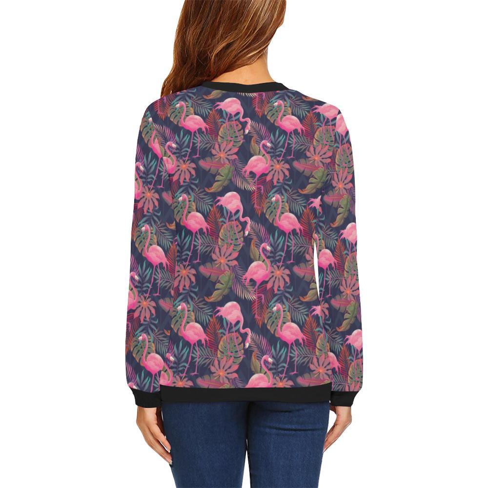 Tropical Flamingo Palm Leaves Hawaiian Floral Pattern Print Women Crewneck Sweatshirt-grizzshop