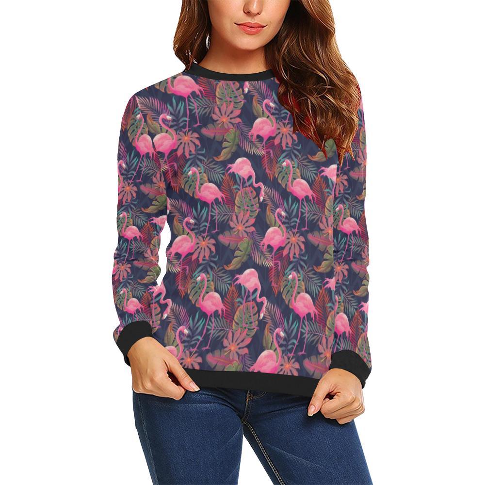 Tropical Flamingo Palm Leaves Hawaiian Floral Pattern Print Women Crewneck Sweatshirt-grizzshop