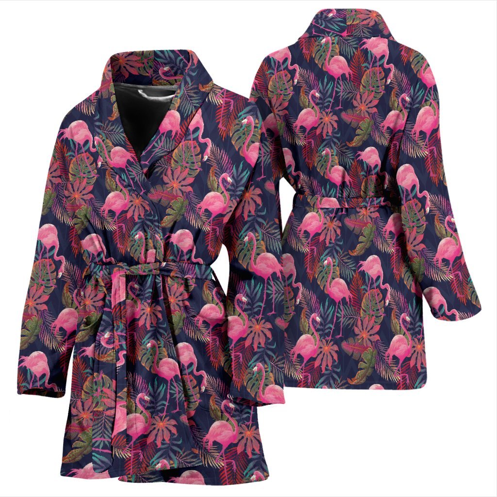 Tropical Flamingo Palm Leaves Hawaiian Floral Pattern Print Women Long Robe-grizzshop