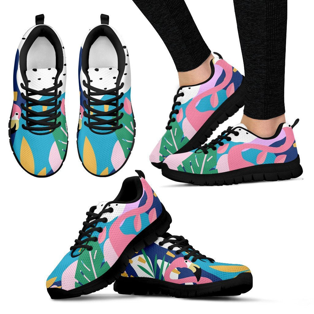 Tropical Flamingo Palm Leaves Hawaiian Pattern Print Black Sneaker Shoes For Men Women-grizzshop