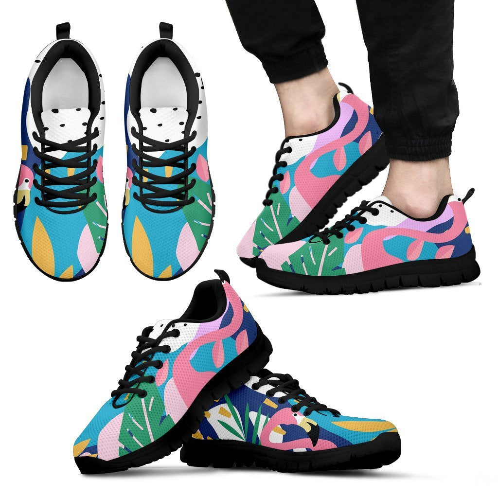 Tropical Flamingo Palm Leaves Hawaiian Pattern Print Black Sneaker Shoes For Men Women-grizzshop