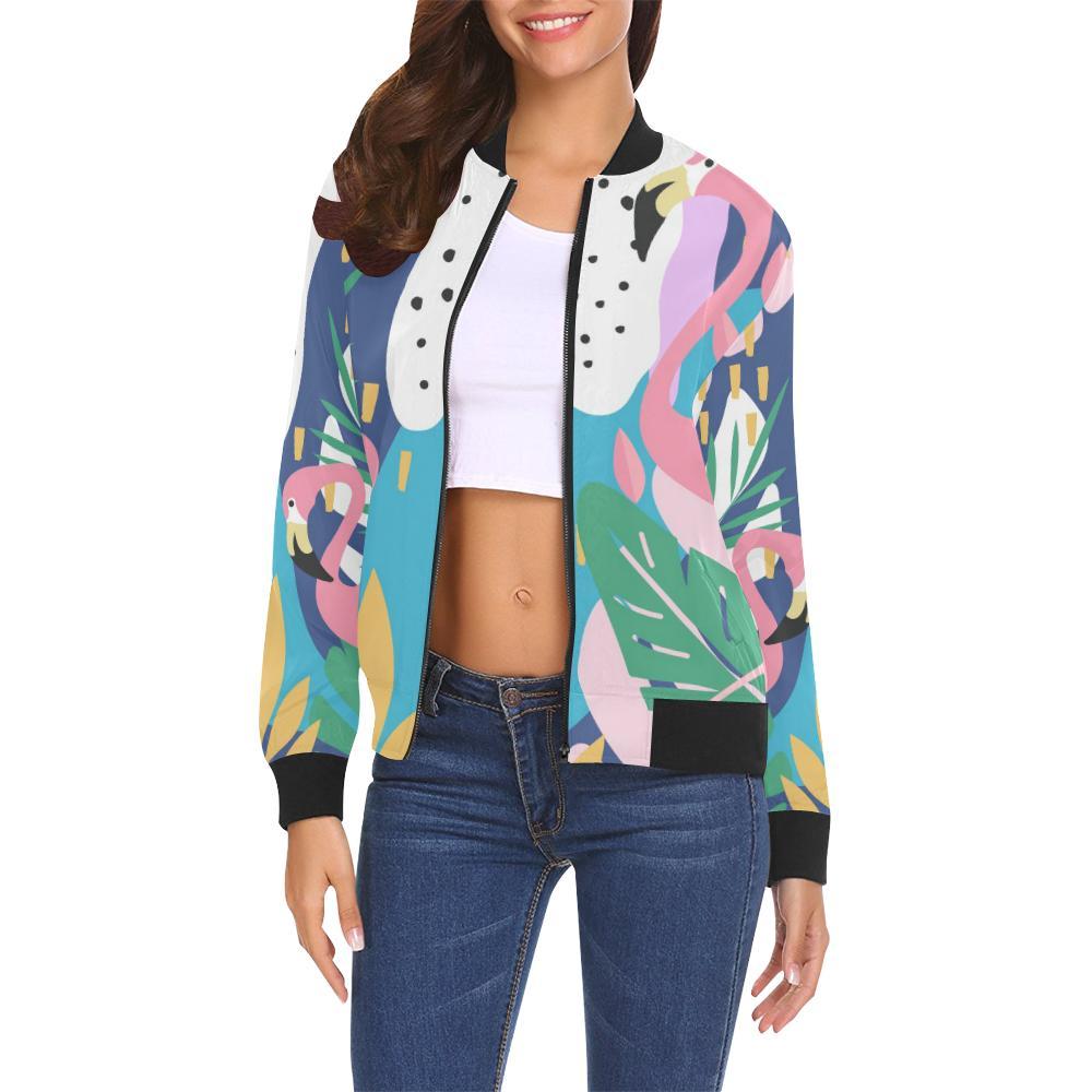 Tropical Flamingo Palm Leaves Hawaiian Pattern Print Women Casual Bomber Jacket-grizzshop