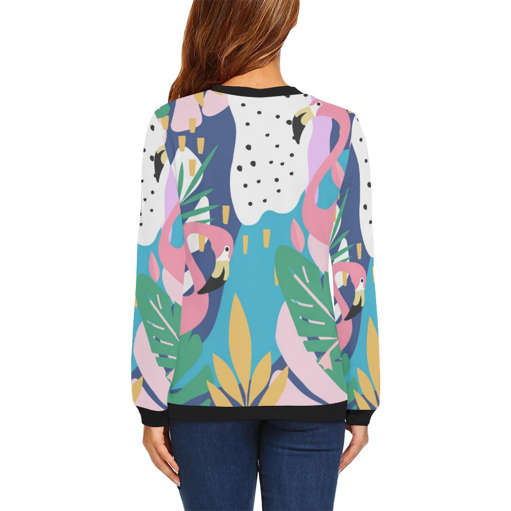 Tropical Flamingo Palm Leaves Hawaiian Pattern Print Women Crewneck Sweatshirt-grizzshop