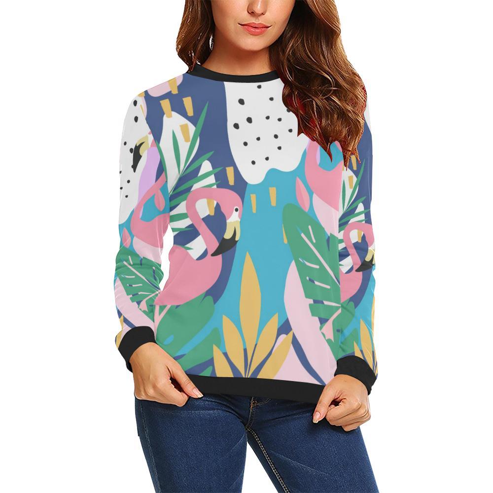 Tropical Flamingo Palm Leaves Hawaiian Pattern Print Women Crewneck Sweatshirt-grizzshop