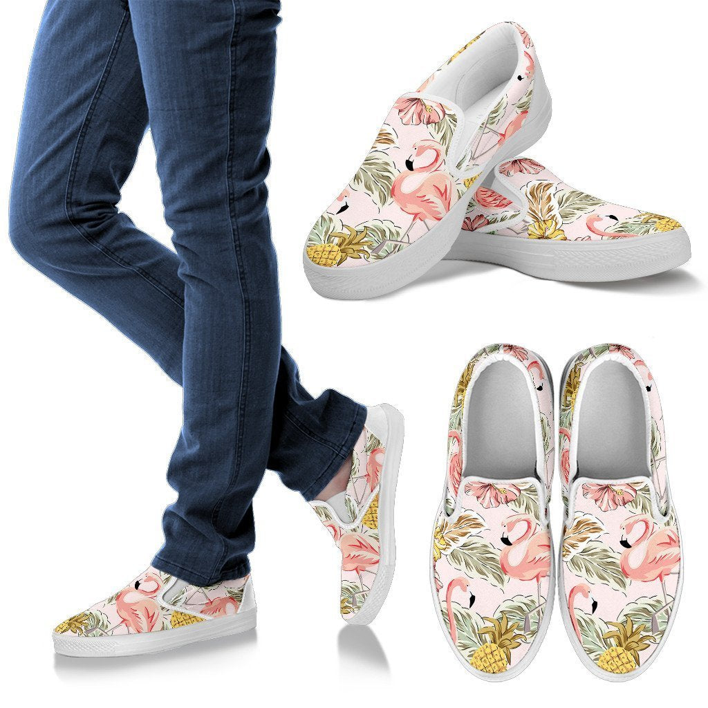 Tropical Flamingo Pink Pineapple Print Women Canvas Slip On Shoes-grizzshop