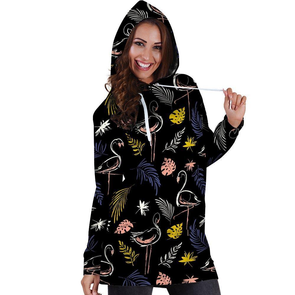 Tropical Flamingo Print Hoodie Dress-grizzshop