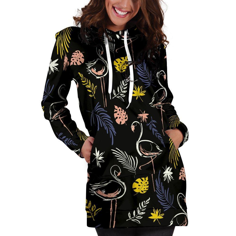 Tropical Flamingo Print Hoodie Dress-grizzshop