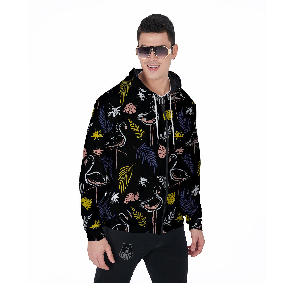 Tropical Flamingo Print Men's Zip Up Hoodie-grizzshop