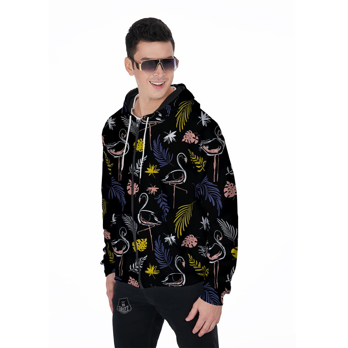 Tropical Flamingo Print Men's Zip Up Hoodie-grizzshop
