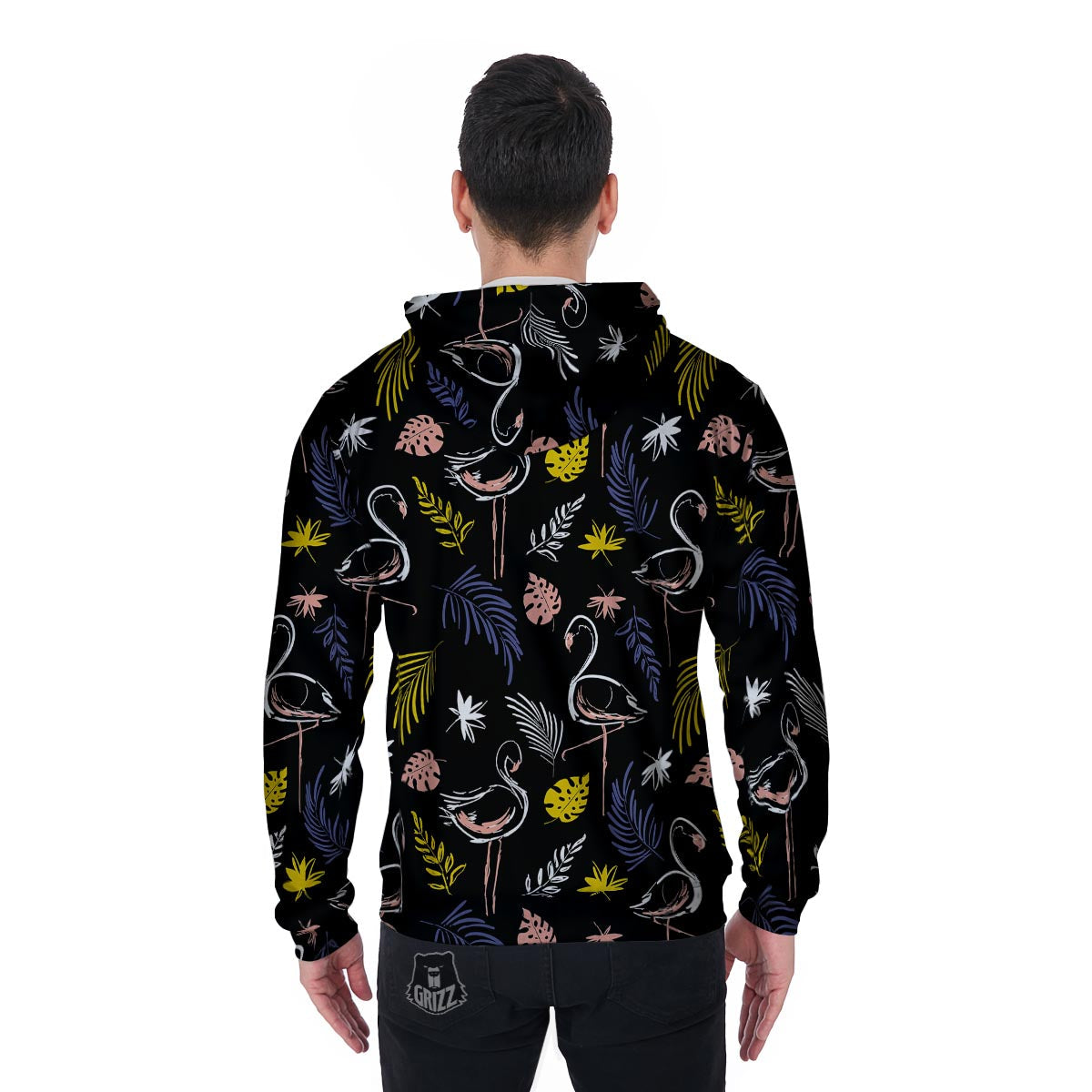 Tropical Flamingo Print Men's Zip Up Hoodie-grizzshop