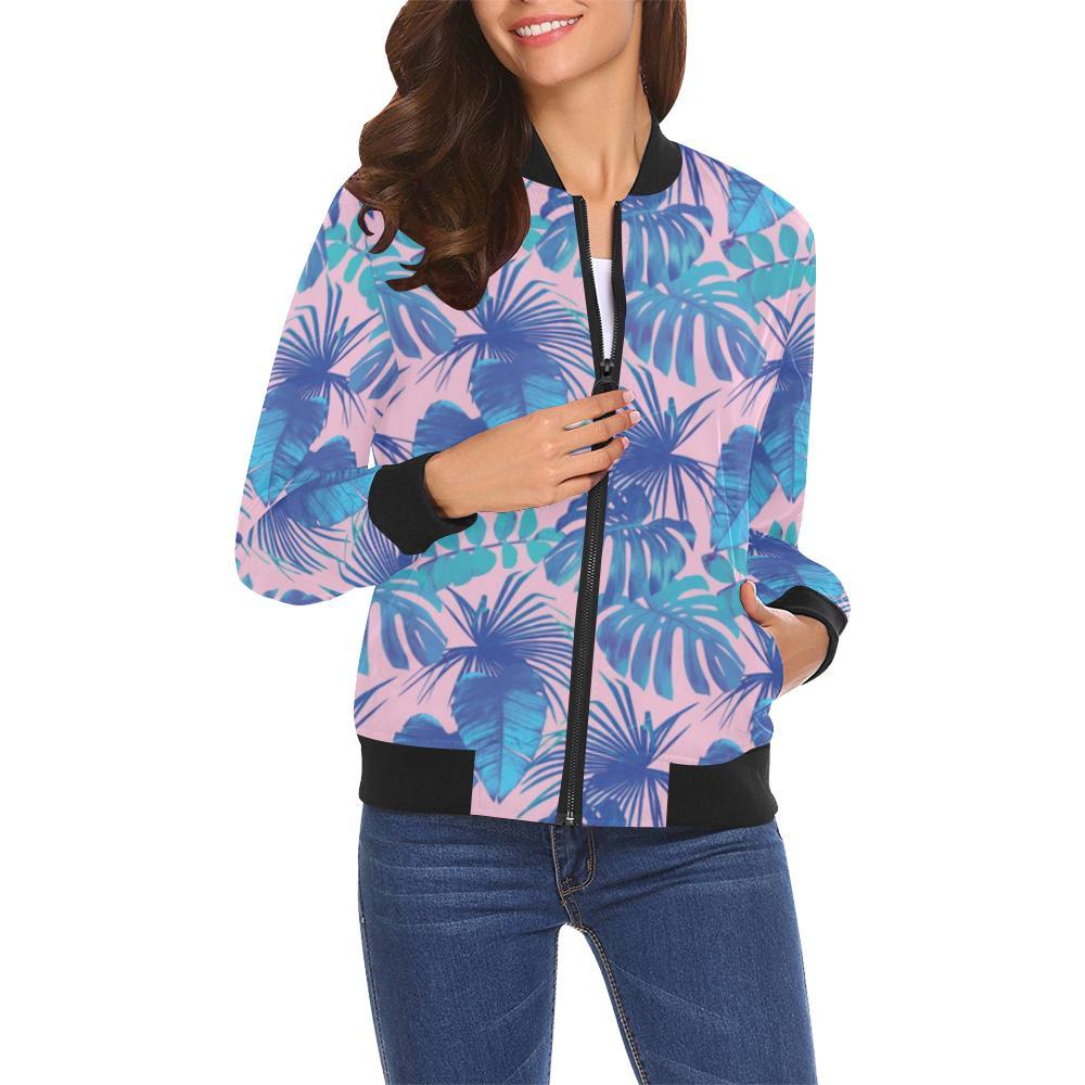 Tropical Floral Hawaiian Palm Leaves Pattern Print Women Casual Bomber Jacket-grizzshop