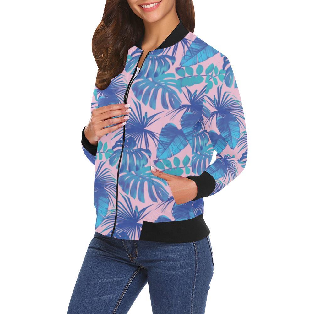 Tropical Floral Hawaiian Palm Leaves Pattern Print Women Casual Bomber Jacket-grizzshop