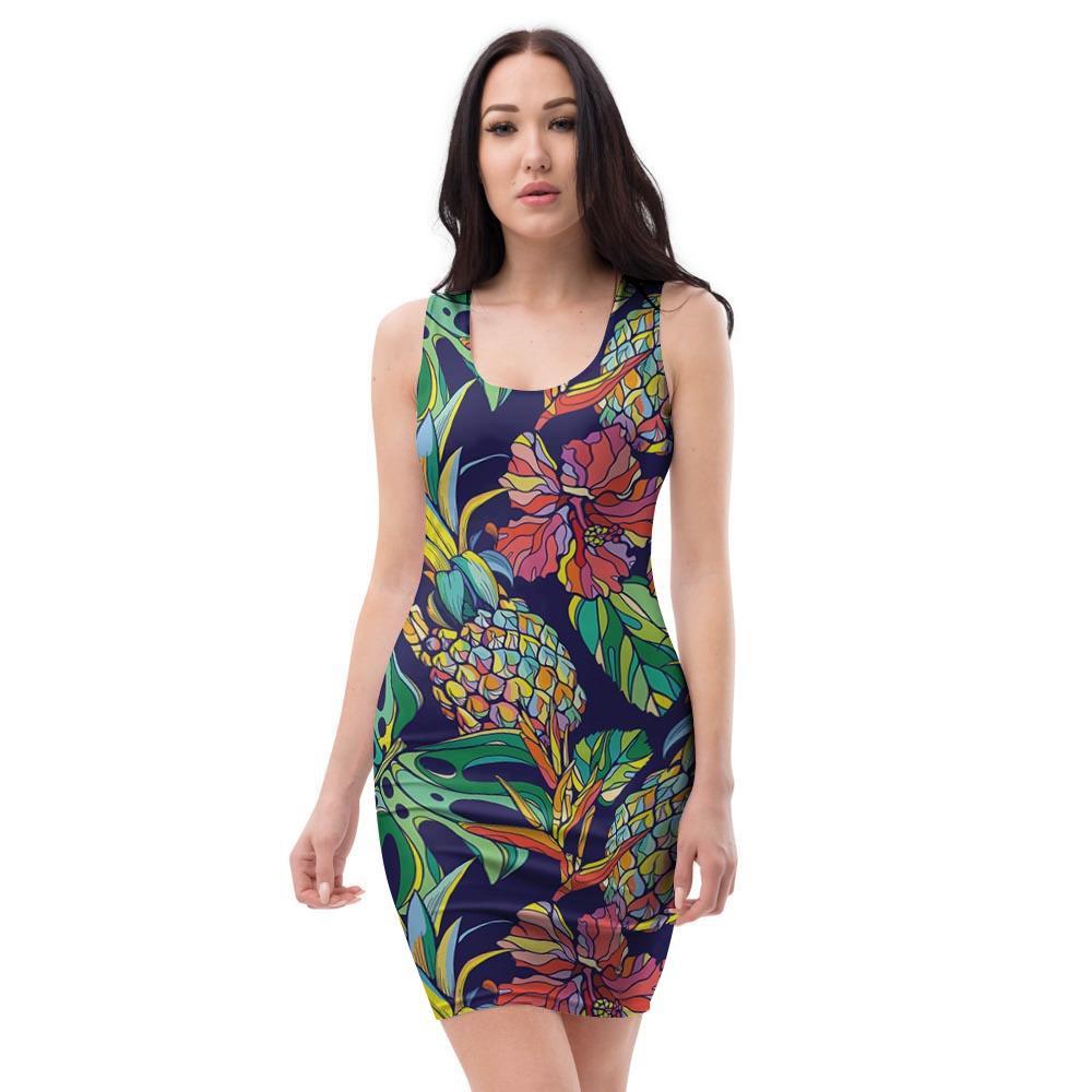 Tropical Floral Pineapple Print Bodycon Dress-grizzshop