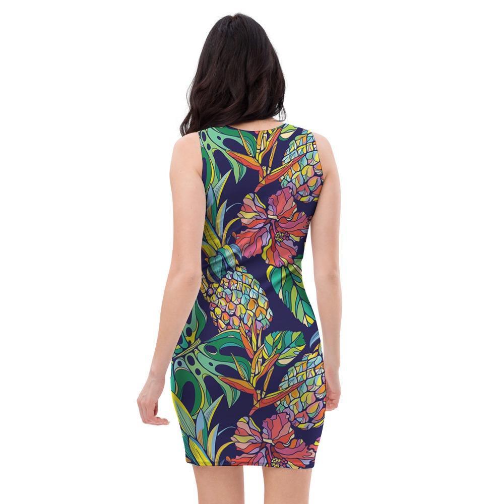 Tropical Floral Pineapple Print Bodycon Dress-grizzshop