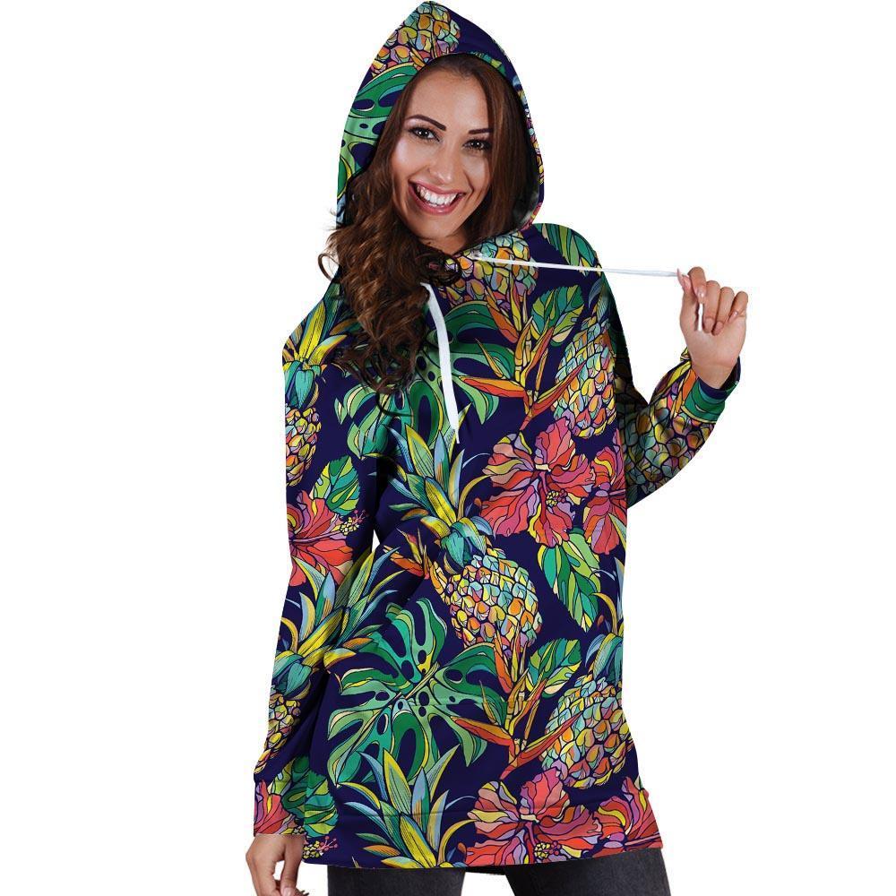 Tropical Floral Pineapple Print Hoodie Dress-grizzshop