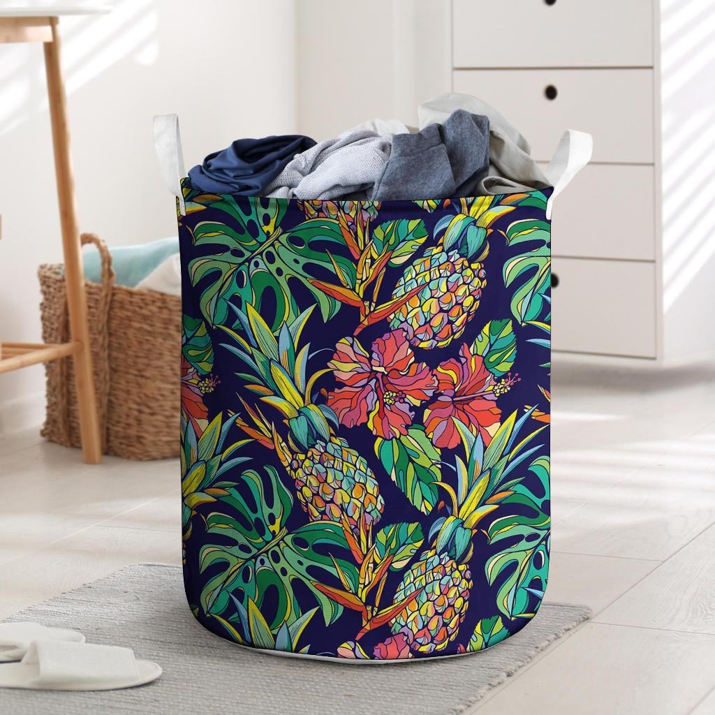 Tropical Floral Pineapple Print Laundry Basket-grizzshop