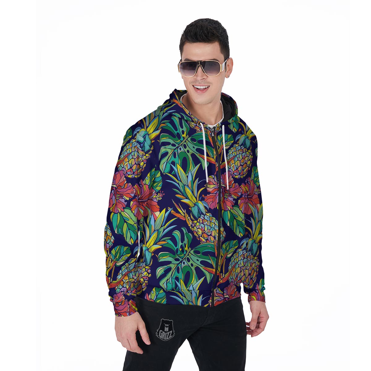 Tropical Floral Pineapple Print Men's Zip Up Hoodie-grizzshop