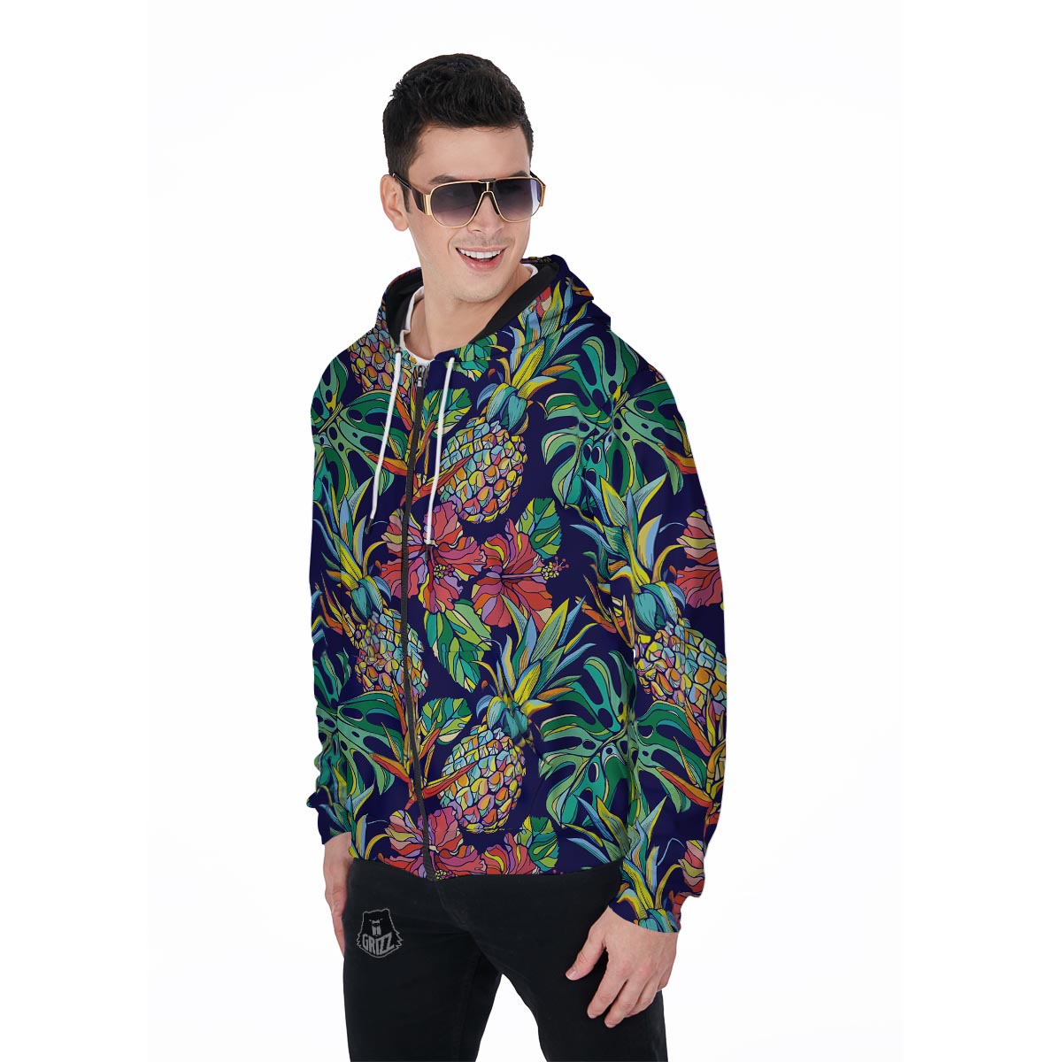 Tropical Floral Pineapple Print Men's Zip Up Hoodie-grizzshop