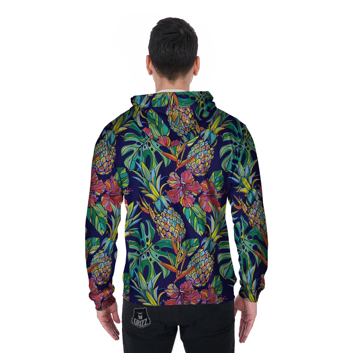 Tropical Floral Pineapple Print Men's Zip Up Hoodie-grizzshop