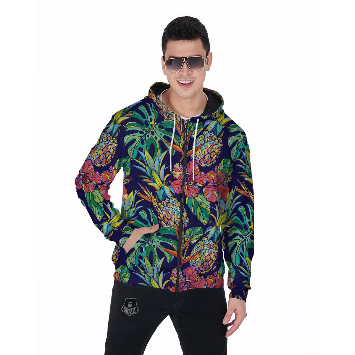 Tropical Floral Pineapple Print Men's Zip Up Hoodie-grizzshop