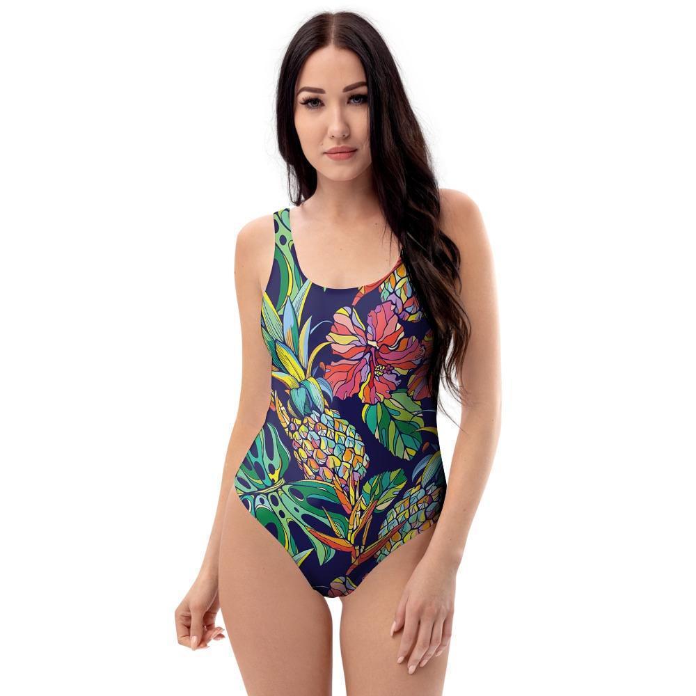 Tropical Floral Pineapple Print One Piece Swimsuite-grizzshop