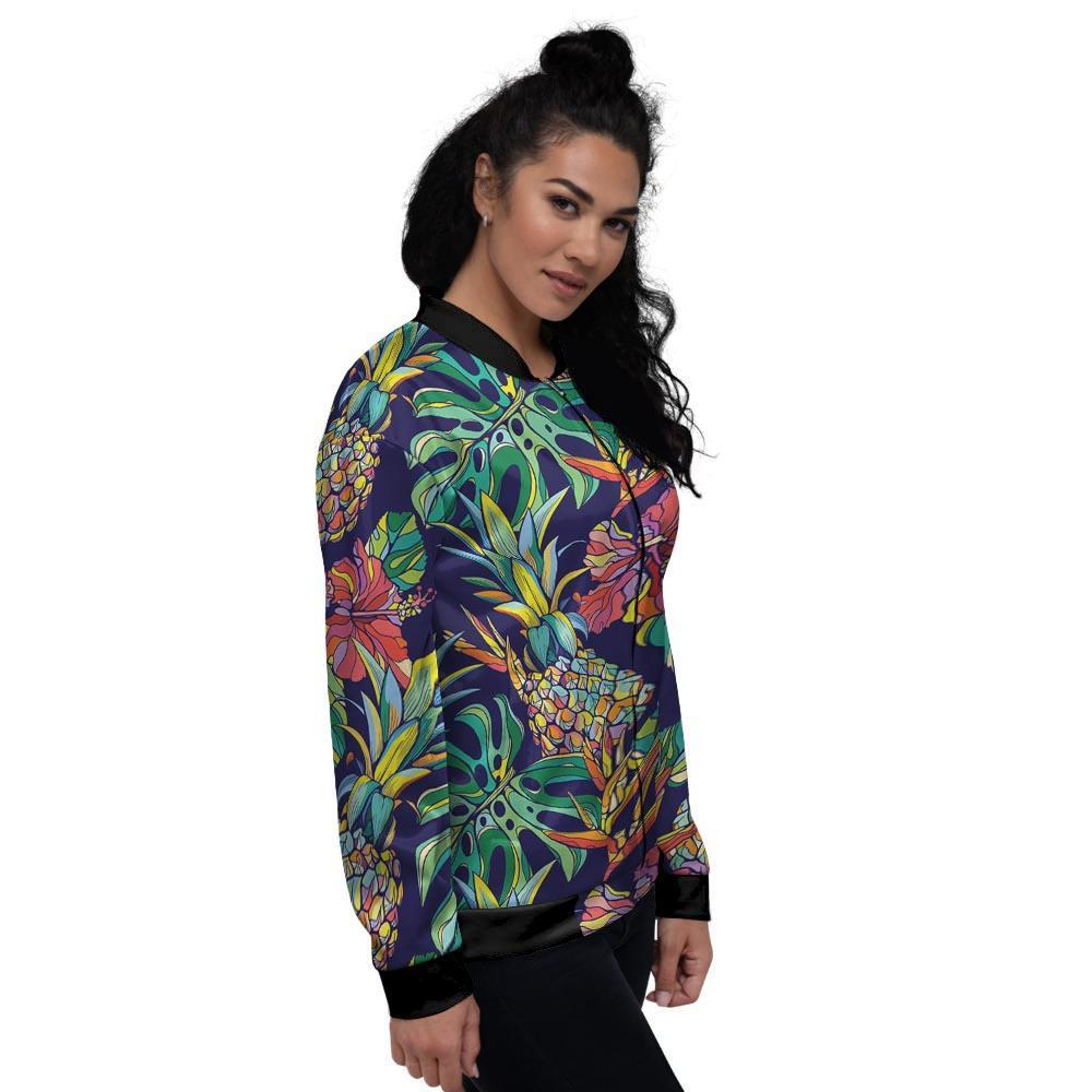 Tropical Floral Pineapple Print Women's Bomber Jacket-grizzshop